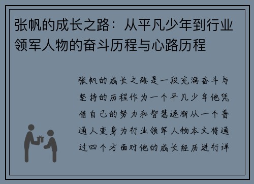 张帆的成长之路：从平凡少年到行业领军人物的奋斗历程与心路历程
